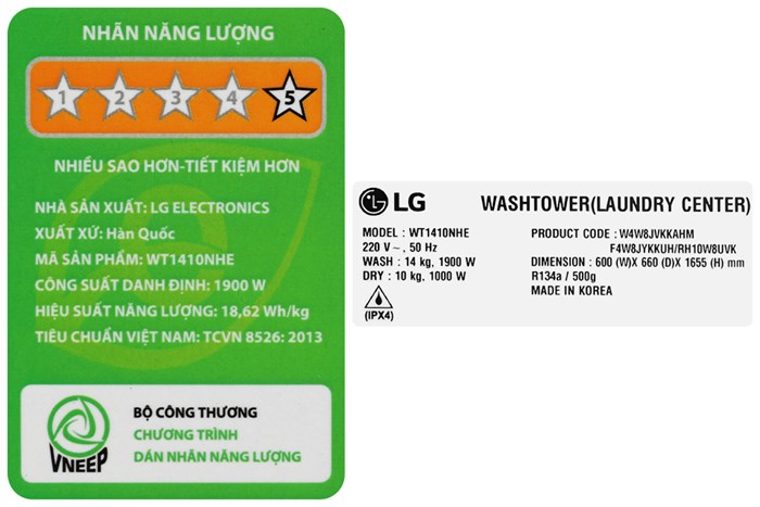 Tháp giặt sấy LG WashTower Inverter giặt 14 kg - sấy 10 kg WT1410NHE Màu Màu be