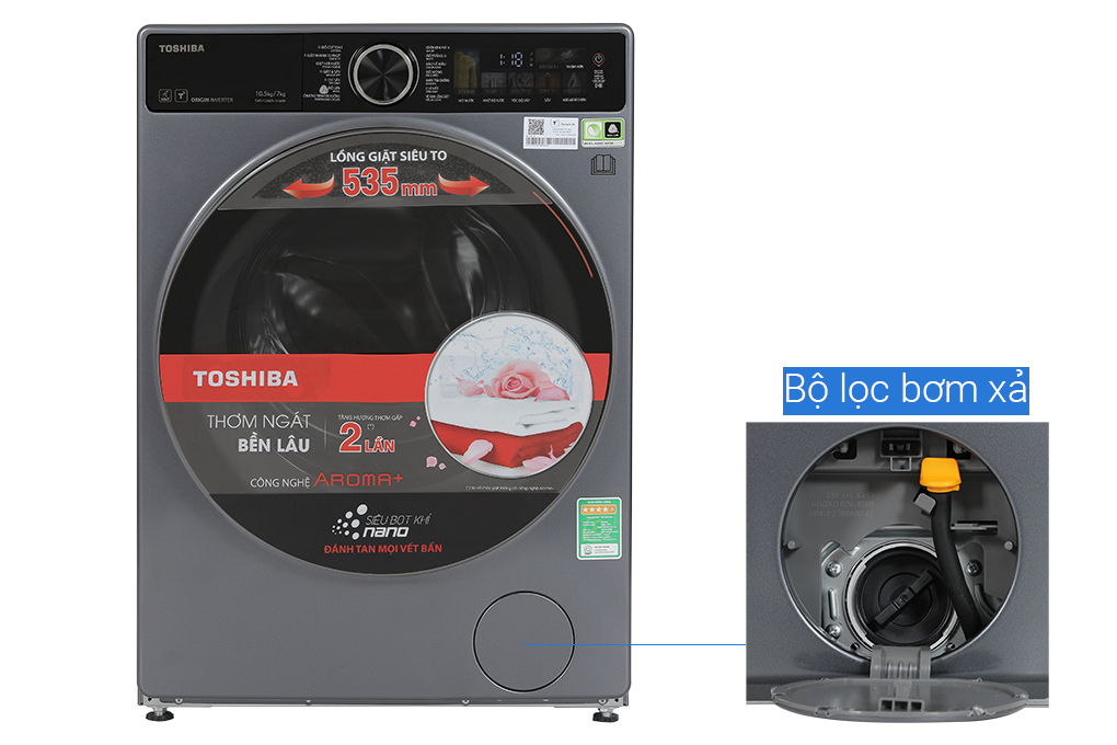 Máy giặt sấy Toshiba Inverter giặt 10.5 kg - sấy 7 kg TWD-T25BZU115MWV(MG) Màu Xám đậm
