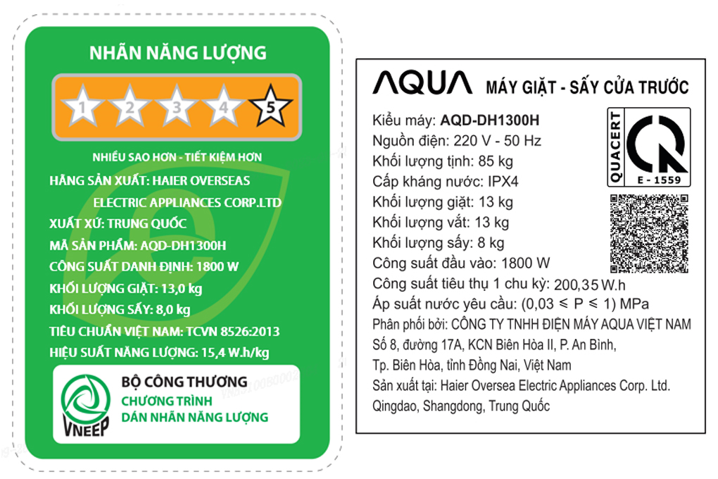 Máy giặt sấy Aqua Inverter giặt 13 kg - sấy 8 kg AQD-DH1300H PS Màu Đen