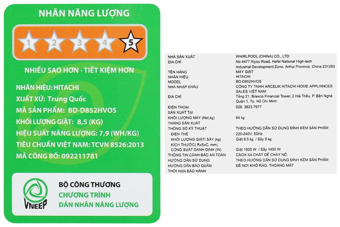 Máy giặt sấy Hitachi Inverter giặt 8.5 kg - sấy 5 kg BD-D852HVOS Màu Xám đậm