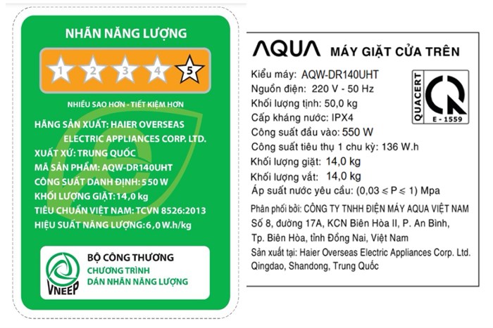 Máy giặt Aqua Inverter 14 kg AQW-DR140UHT PS Màu Bạc