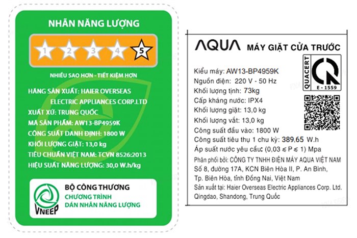 Máy giặt Aqua Inverter 13 kg AW13-BP4959K(S8) Màu Đen