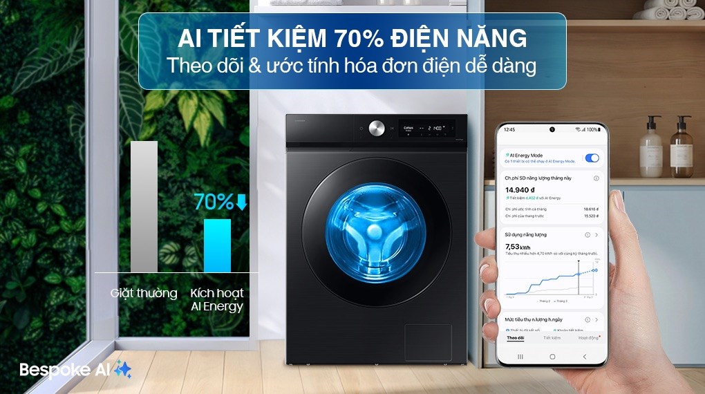 Máy giặt sấy Samsung Bespoke Inverter giặt 12 kg - sấy 7 kg WD12DB7B85GBSV