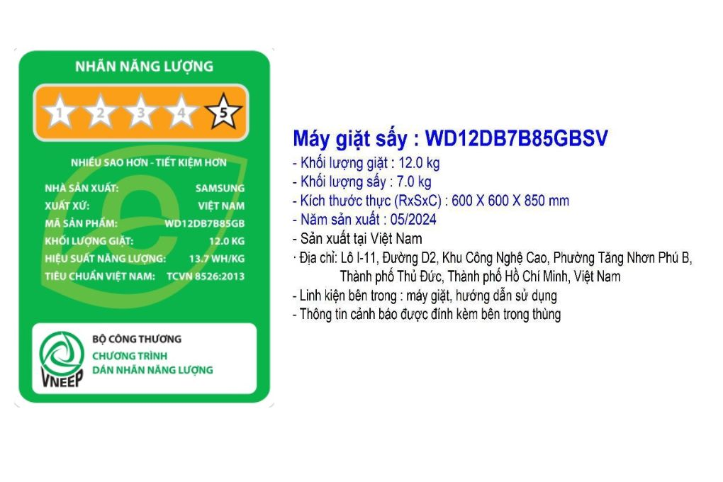 Máy giặt sấy Samsung Bespoke Inverter giặt 12 kg - sấy 7 kg WD12DB7B85GBSV Màu Đen