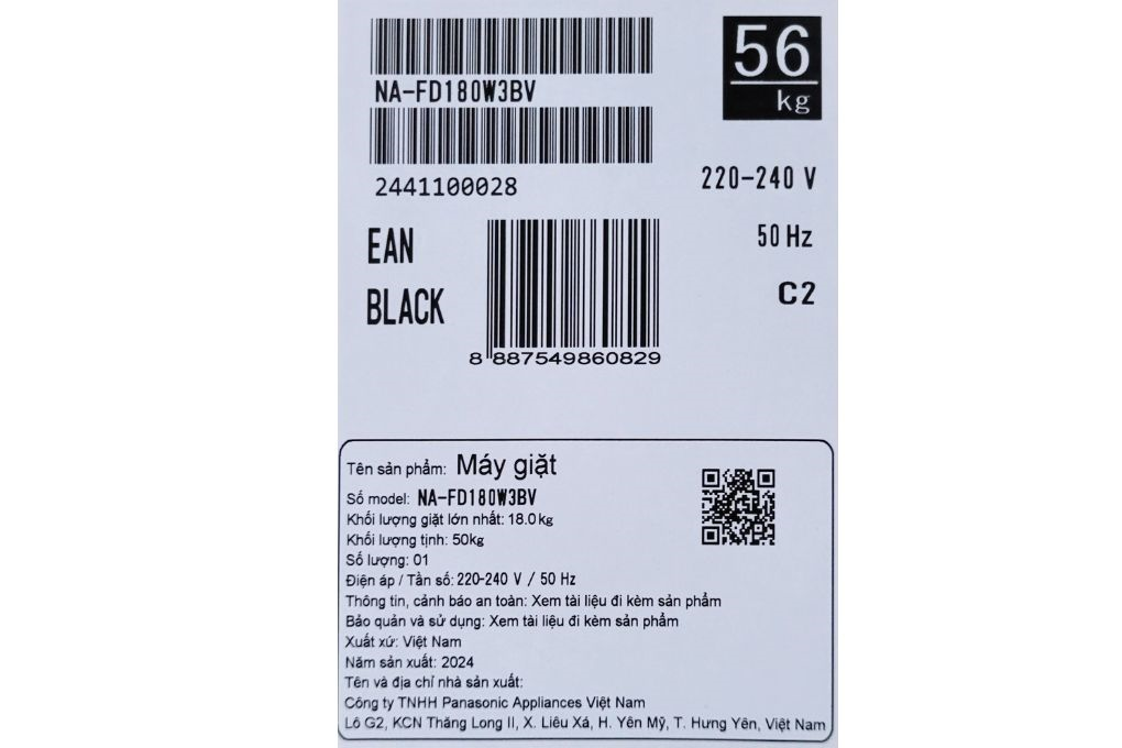 Máy giặt Panasonic Inverter 18 kg NA-FD180W3BV Màu Đen