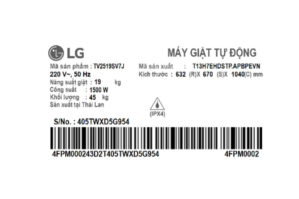 Máy giặt LG AI DD Inverter 19 kg TV2519SV7J Màu Đen - Bạc