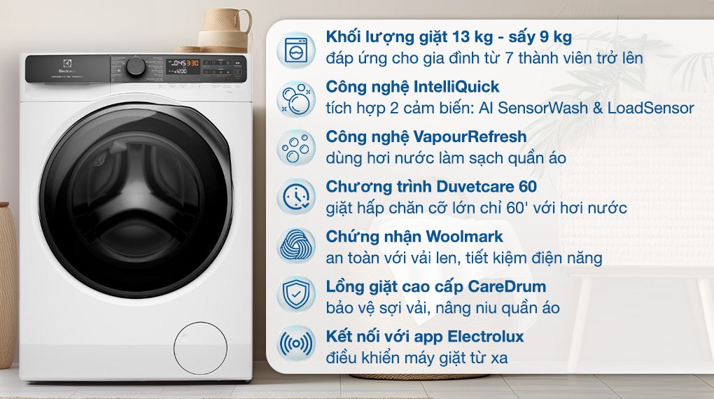 Máy giặt sấy Electrolux UltimateCare 700 Inverter giặt 13 kg - sấy 9 kg EWW1343R7WC