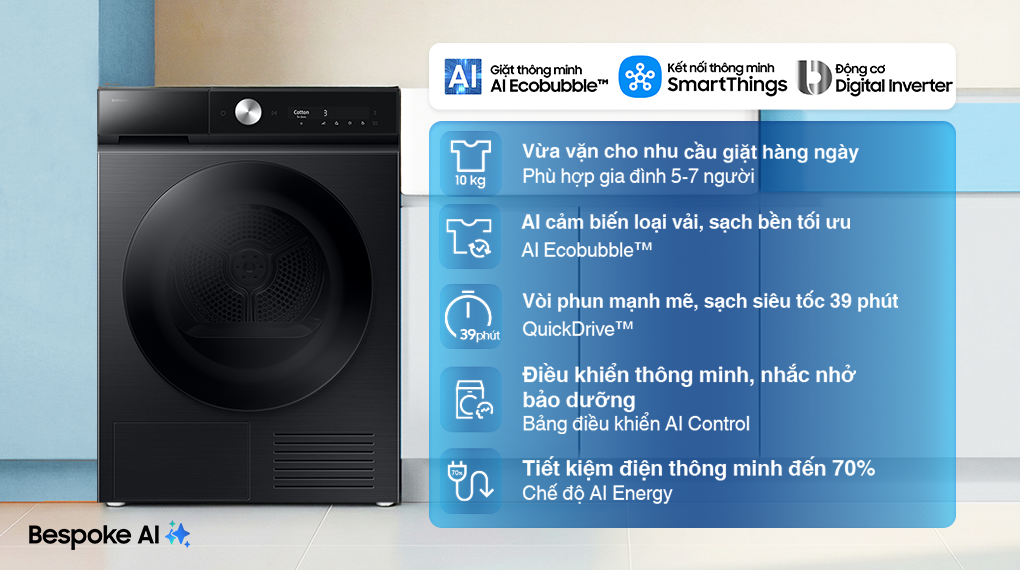 Máy giặt Samsung Bespoke AI EcoBubble Inverter 10 kg WW10DB7U34GBSV