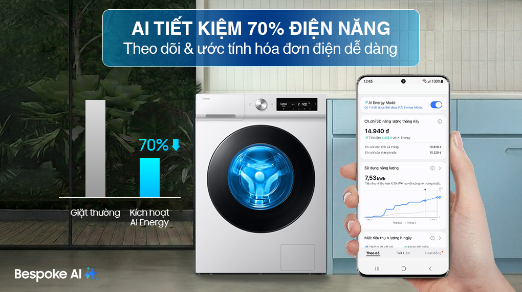 Máy giặt Samsung Bespoke AI EcoBubble Inverter 10 kg WW10DB7U34GWSV