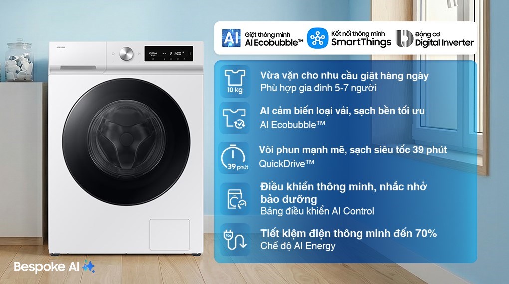Máy giặt Samsung Bespoke AI EcoBubble Inverter 10 kg WW10DB7U34GWSV