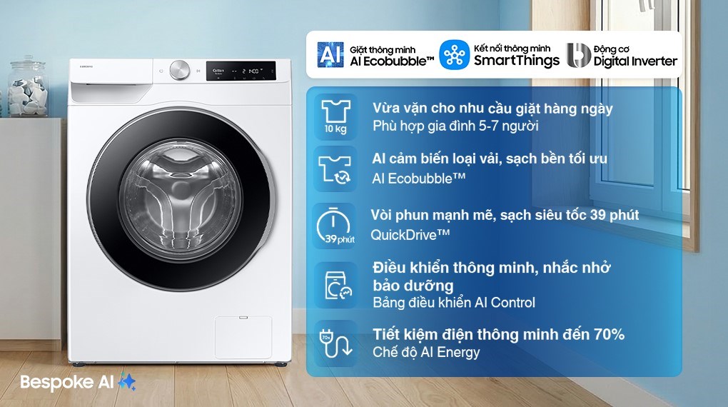 Máy giặt Samsung AI EcoBubble Inverter 10 kg WW10DG6U34LESV