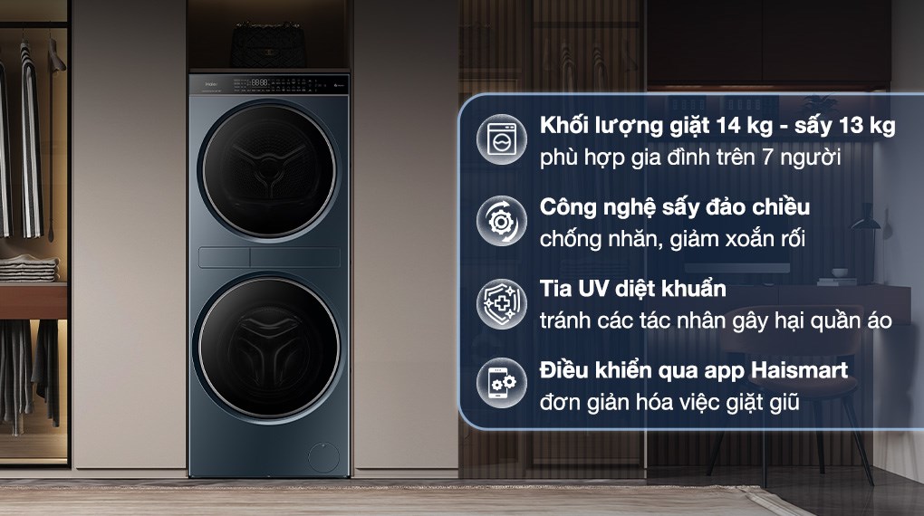 Tháp giặt sấy Haier Laundry Center Inverter giặt 14 kg - sấy 13 kg HWD140-BD14LCU1L(GN)