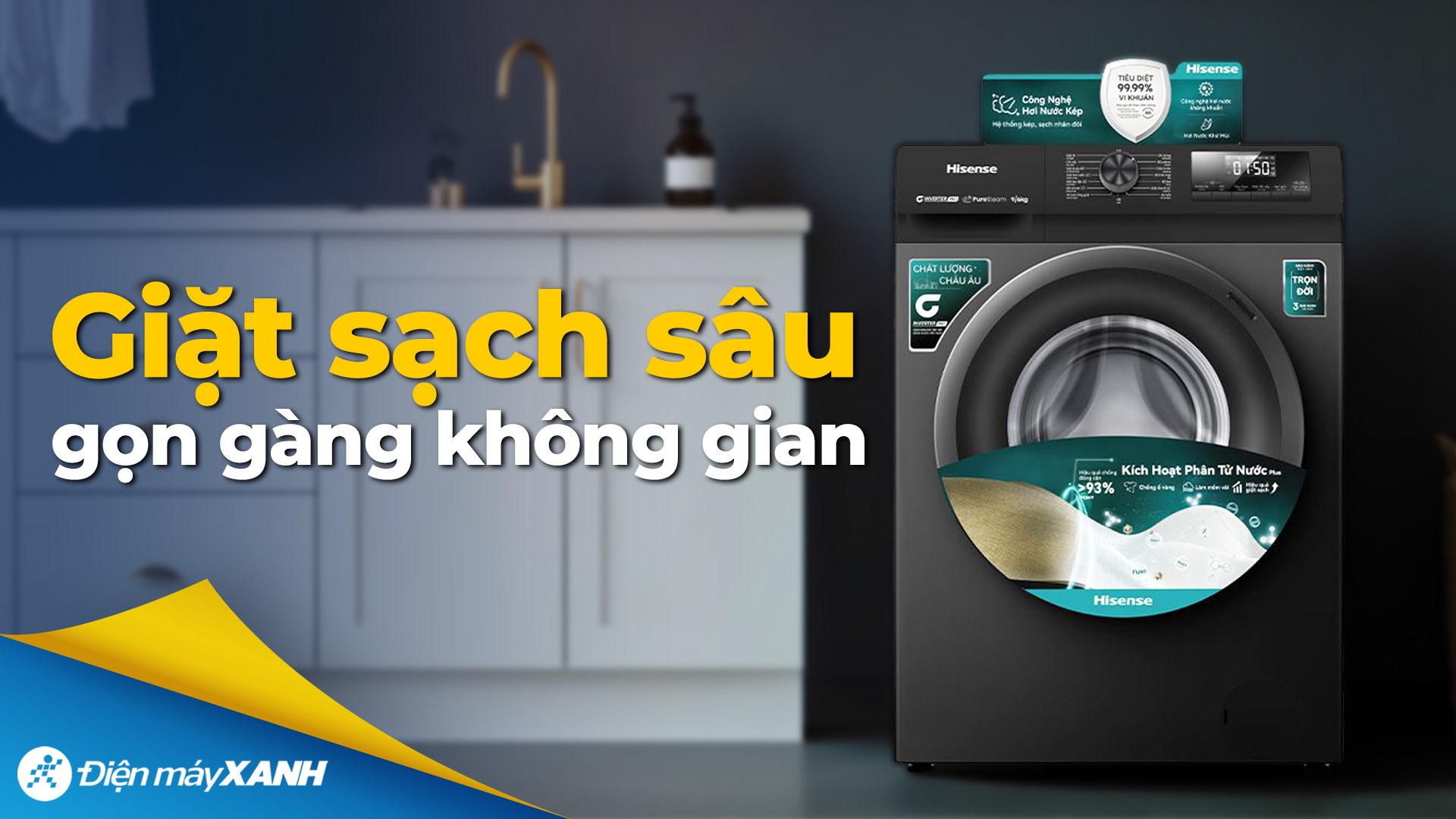 Máy giặt sấy Hisense Inverter giặt 9 kg - sấy 6 kg WD90N1Y