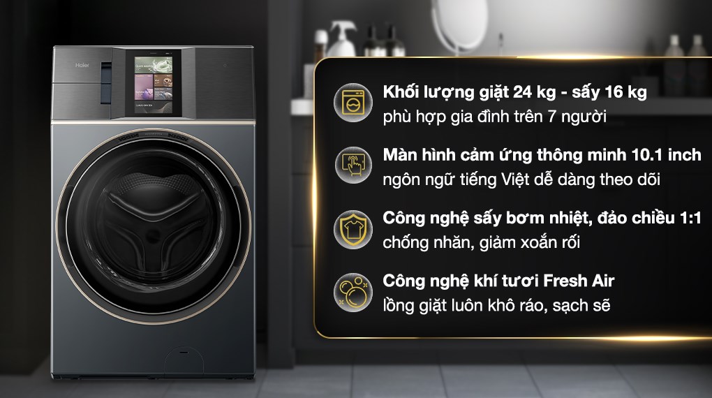 Máy giặt sấy Haier L+ Inverter giặt 24 kg - sấy 16 kg HWD240-BD12LU1L(GN)