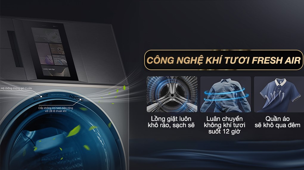 Công nghệ Fresh Air thổi khí tươi giúp quần áo luôn thơm mát, hạn chế mùi ẩm sau khi giặt sấy