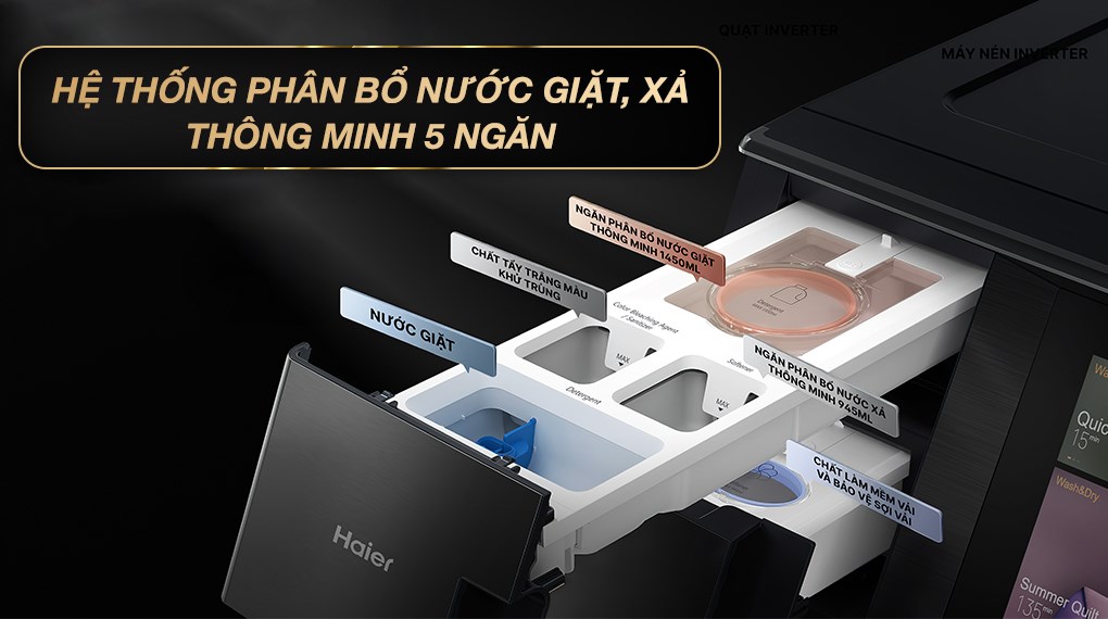 Ngăn đựng nước giặt xả trên máy được phân bổ thông minh thành hai tầng với tổng cộng năm ngăn riêng biệt