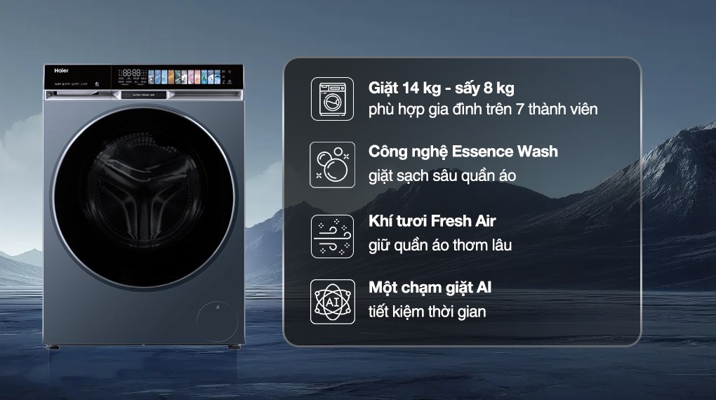 Máy giặt sấy Haier Inverter giặt 14 kg - sấy 8 kg HWD140-BD14387GNU1