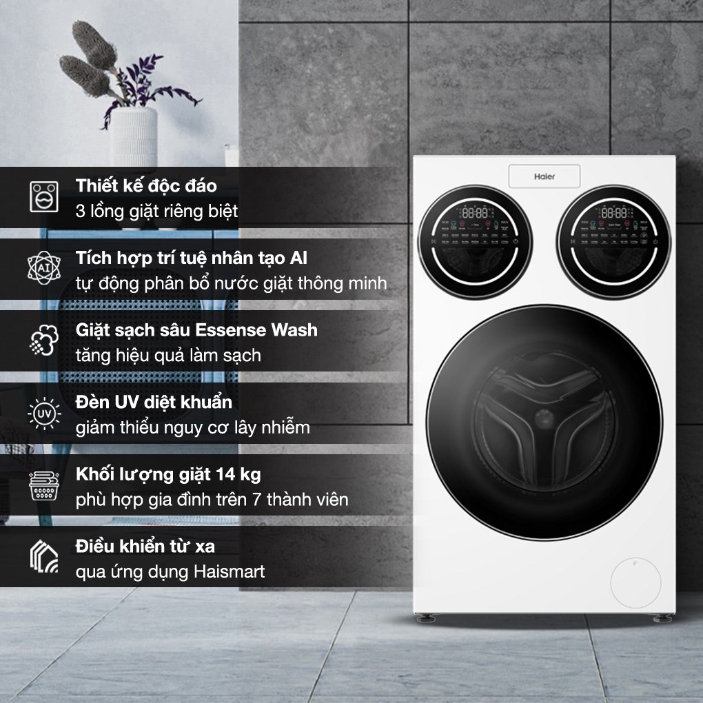 Máy giặt Haier 3 lồng MultiWash Inverter 14 kg (12 kg + 2x1 kg) HW140-BD14697WU1