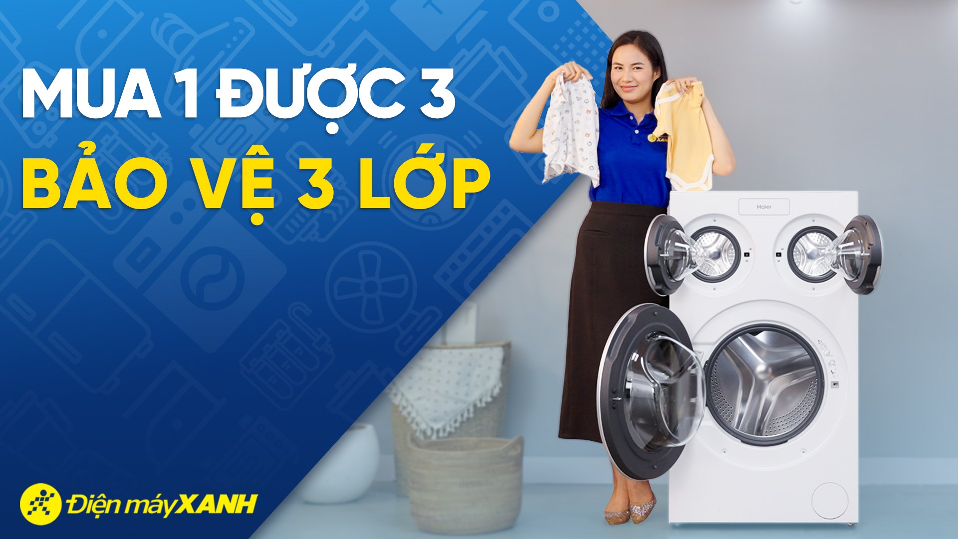 Máy giặt Haier 3 lồng MultiWash Inverter 14 kg (12 kg + 2x1 kg) HW140-BD14697WU1