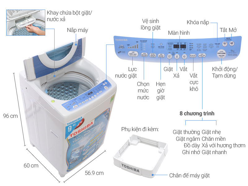 Thông số kỹ thuật Máy giặt Toshiba inverter  9kg AW-DC1005CV