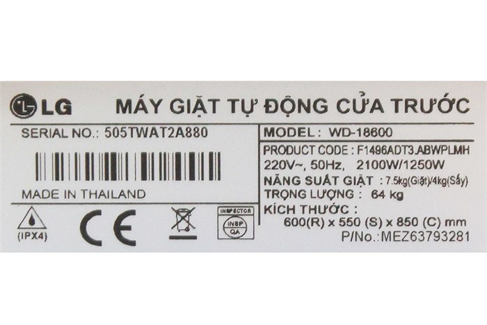Máy giặt sấy LG 7.5 kg WD-18600