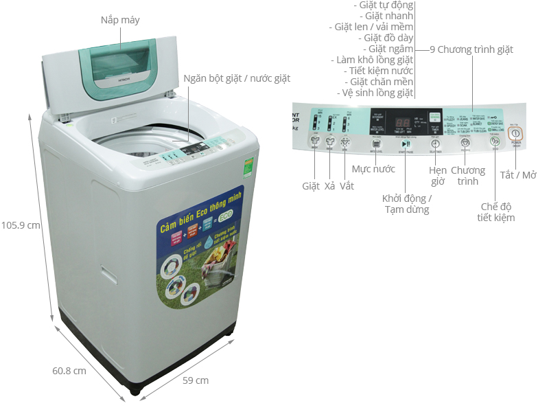 Thông số kỹ thuật Máy giặt Hitachi 8 kg SF-80P