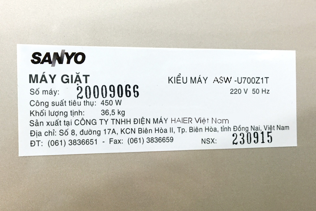 Máy giặt Sanyo ASW-U700Z1T 7kg Màu Bạc