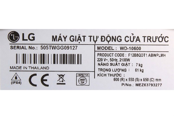 Máy giặt LG 7 kg WD-10600