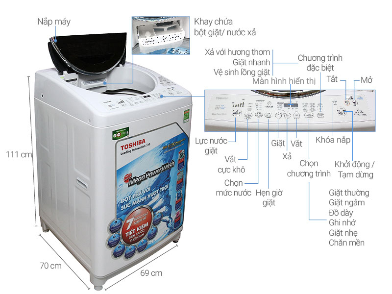 Thông số kỹ thuật Máy giặt Toshiba 12kg AW-DC1300WV