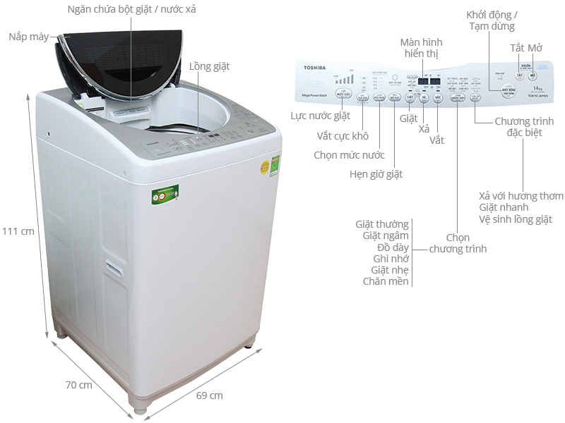 Thông số kỹ thuật Máy giặt Toshiba 14kg AW-DC1500WV