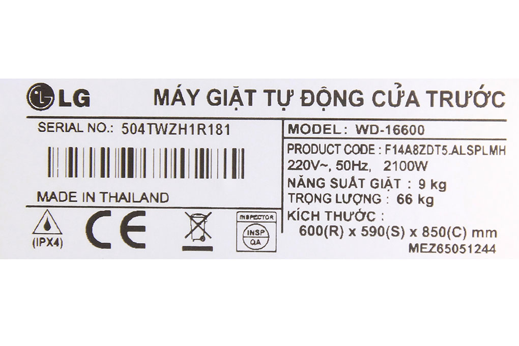 Máy giặt LG 9 kg WD-16600