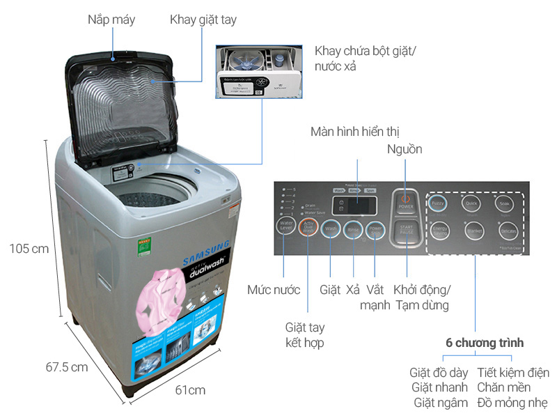 Thông số kỹ thuật Máy giặt Samsung 10 kg WA10J5710SG/SV
