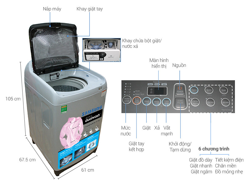 Thông số kỹ thuật Máy giặt Samsung 9 kg WA90J5710SG/SV