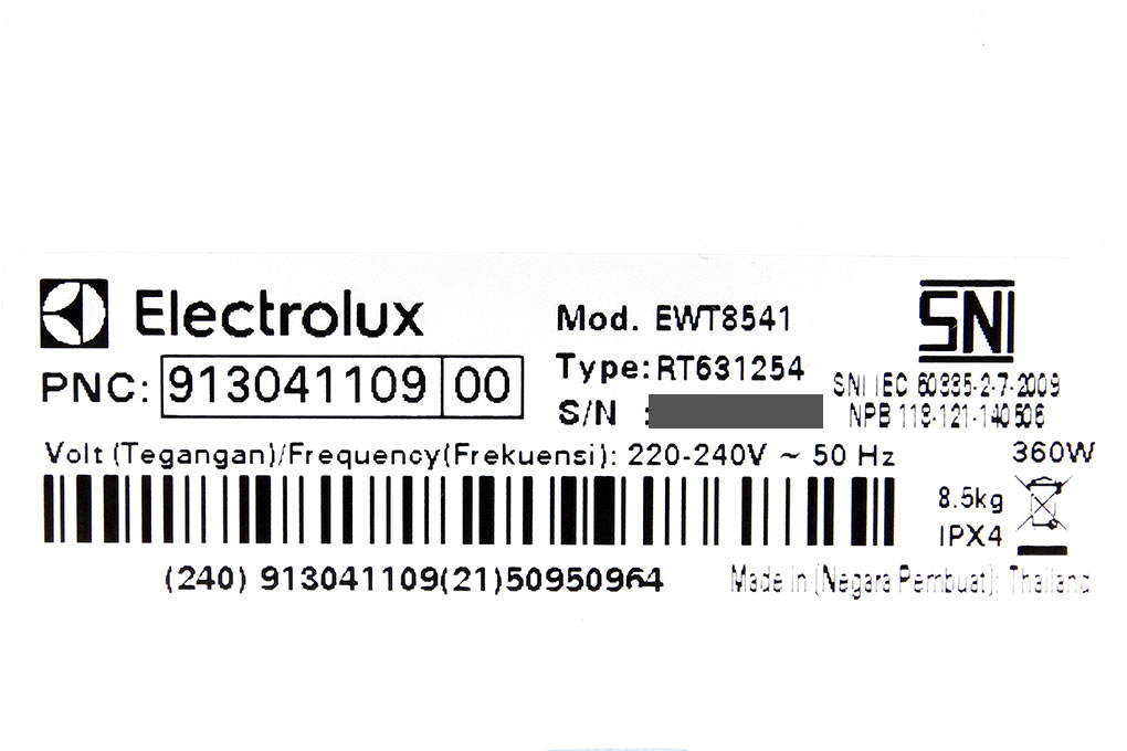 Máy giặt Electrolux 8.5 kg EWT8541 Màu Trắng