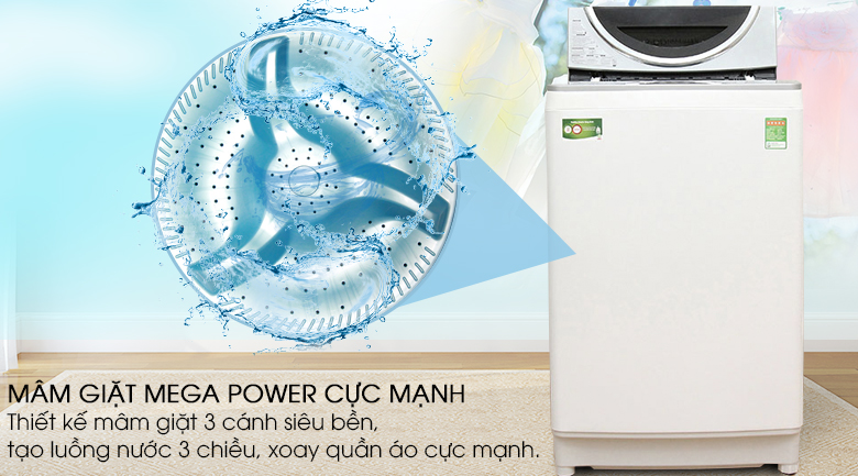 Mâm giặt Mega Power tạo ra luồng nước 3 chiều cực mạnh nhờ thiết kế mâm quạt ba cánh siêu bền