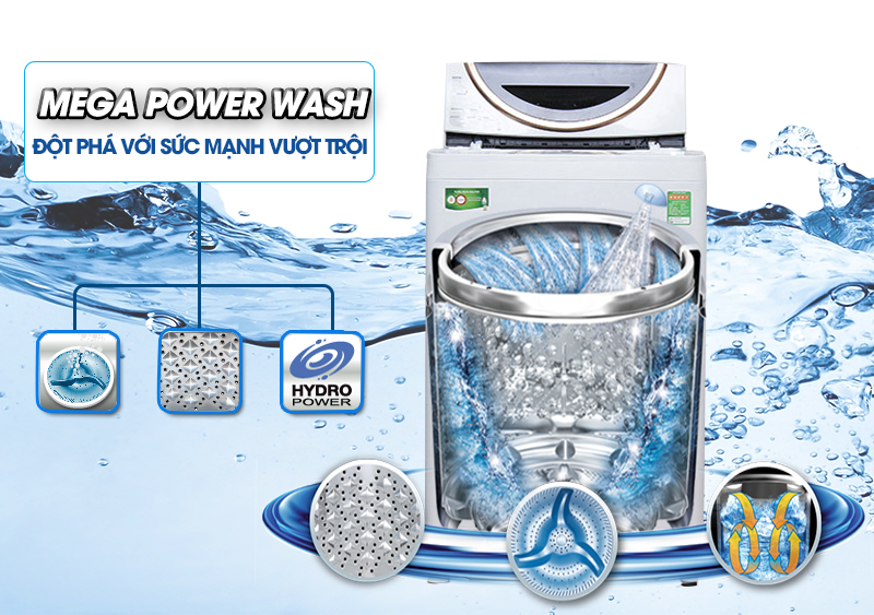 Đồng thời, với công nghệ Mega Power, máy giặt Toshiba ME1150GV(WK) sẽ tạo ra luồng nước ba chiều cực mạnh mẽ