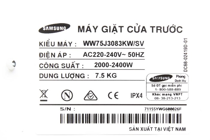 Máy giặt Samsung 7.5 kg WW75J3083KW/SV Màu Trắng