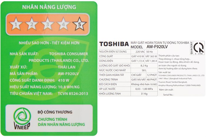 Máy giặt Toshiba 8.2 kg AW-F920LV WB Màu Trắng