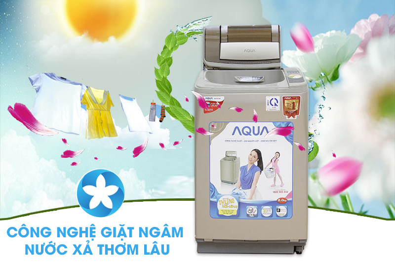 Với tính năng giặt thơm, máy giặt Aqua AQW-F800Z2T N sẽ ngâm áo quần cùng nước xả vải ở lần xả cuối