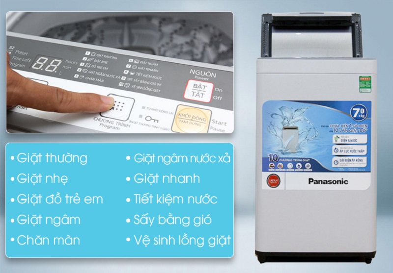 Máy giặt Panasonic 7 kg NA-F70VS7HCV được trang bị 10 chương trình giặt như giặt thường, giặt nhẹ, giặt ngâm nước xả, chăn màn,… Máy giặt Panasonic 7 kg NA-F70VS7HCV được trang bị 10 chương trình giặt như giặt thường, giặt nhẹ, giặt ngâm nước xả, chăn màn,…