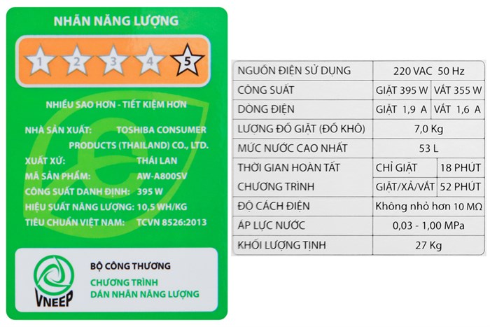 Máy giặt Toshiba 7 kg AW-A800SV WB Màu Trắng