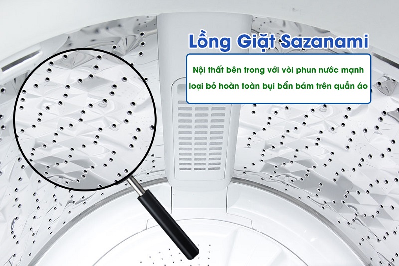 Chiếc lồng giặt Sazanami có các thiết kế gờ nổi với khả năng đánh tan vết bẩn tối ưu cho áo quần của bạn
