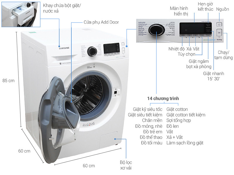 Thông số kỹ thuật Máy giặt Samsung AddWash Inverter 9 kg WW90K6410QW/SV