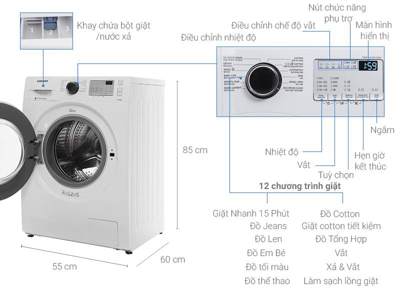 Thông số kỹ thuật Máy giặt Samsung inverter 8.0 kg WW80J4233GW/SV