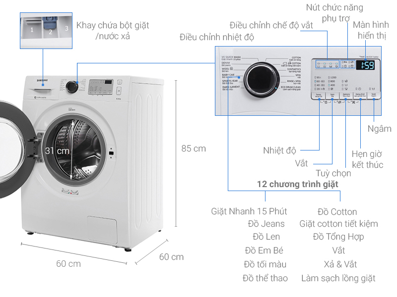 Thông số kỹ thuật Máy giặt Samsung inverter 8.0 kg WW80J4233GW/SV