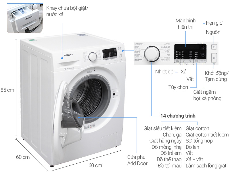 Thông số kỹ thuật Máy giặt Samsung AddWash inverter 8 kg WW80K5410WW/SV