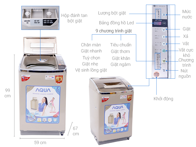 Thông số kỹ thuật Máy giặt Aqua Inverter kg AQW-D901AT N