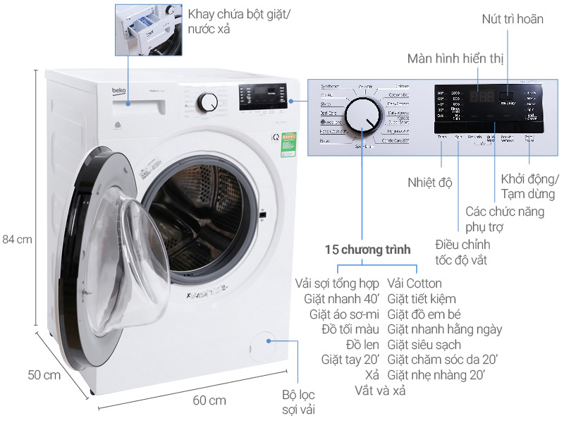Thông số kỹ thuật Máy giặt Beko 7 kg WMY 71033 PTLMB3