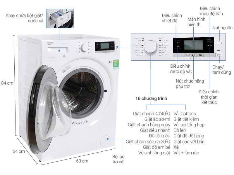 Thông sá» kỹ thuáºt Máy giặt Beko Inverter 8 kg WTV 8634 XS0