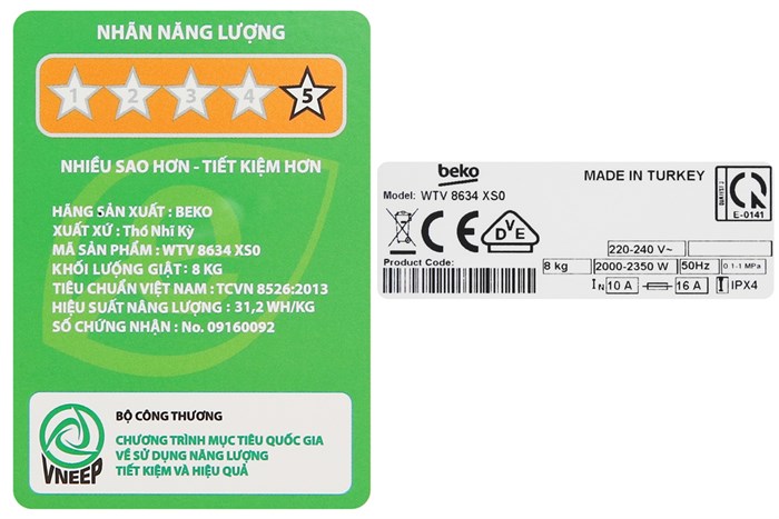Máy giặt Beko Inverter 8 kg WTV 8634 XS0 Màu Trắng